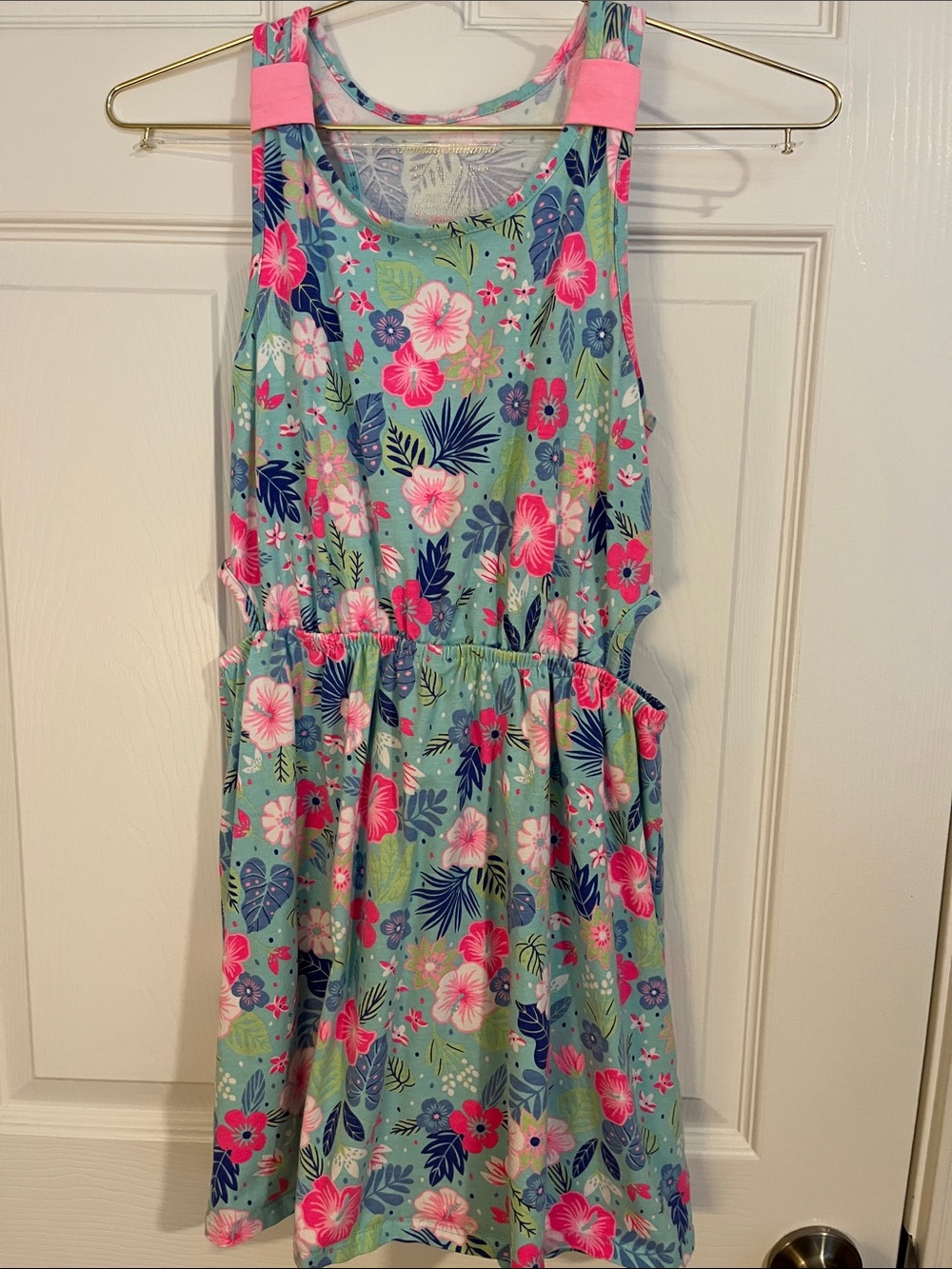 Tommy Bahama L 10/12 Girls' Tropical Floral Tank Dress - Aqua with Pink & Blue